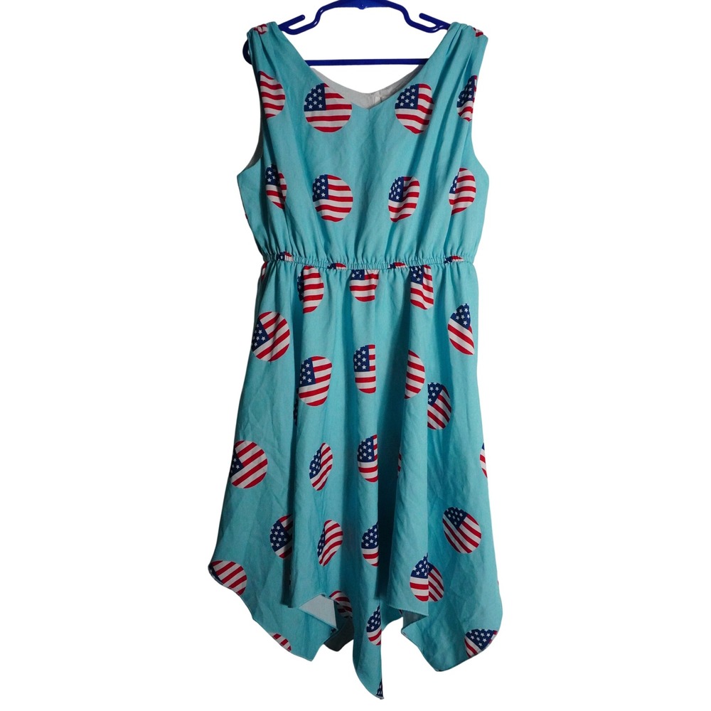Sunny Fashion Dress Size 10 Americana Polka Dot Handkerchief Hem Turquoise